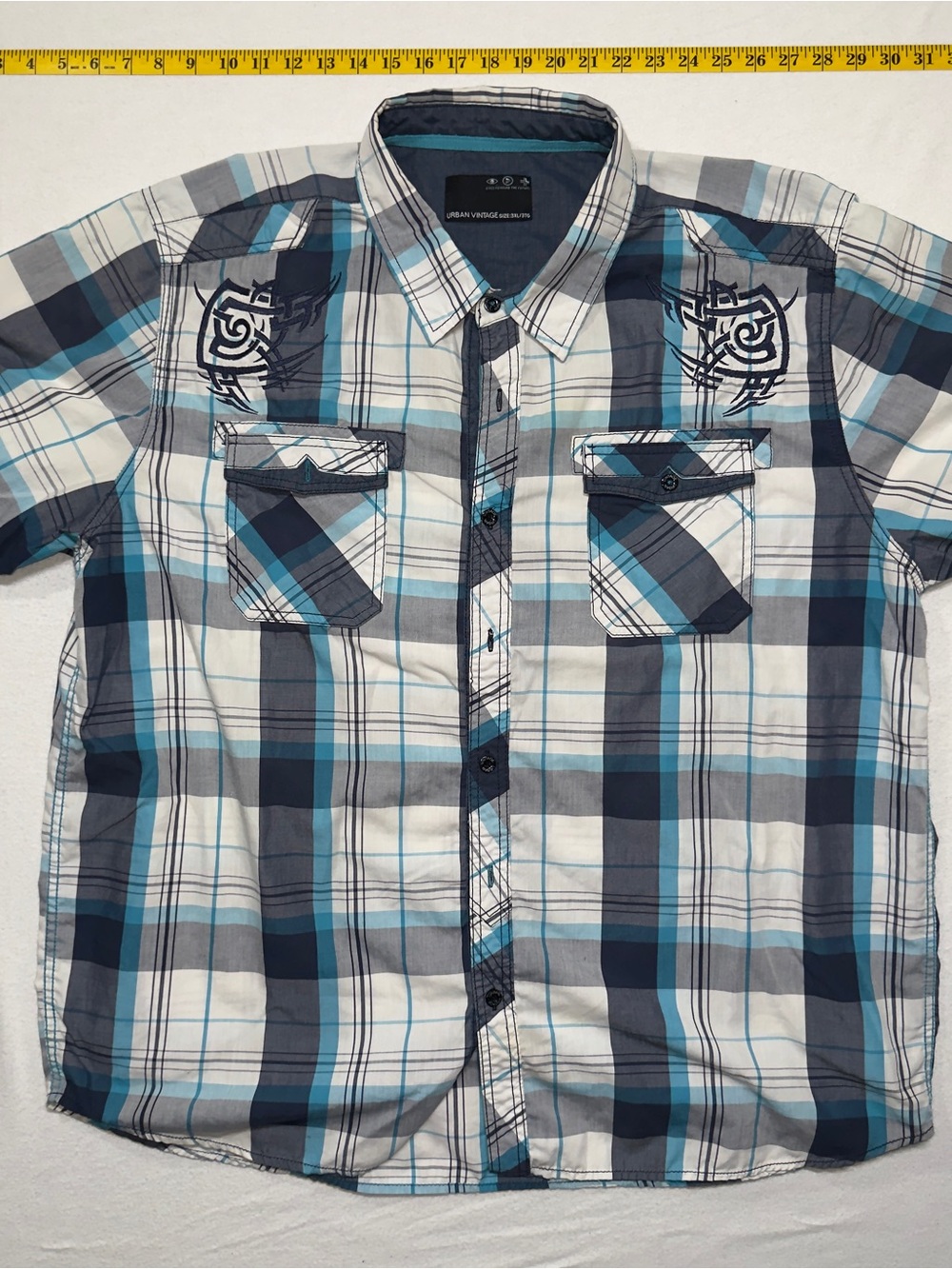 Men’s y2k Blue Plaid Short-Sleeve Button-Up Shirt tribal button up